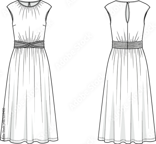 Sleeveless dress sketch, round neckline, gathered skirt, textured waistband, keyhole back, fashion design layout, flat vector illustration
