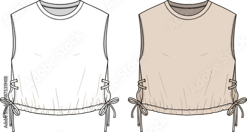 Sleeveless top design, round neckline, side drawstring detail, white and beige color variation, casual fashion layout, flat vector illustration