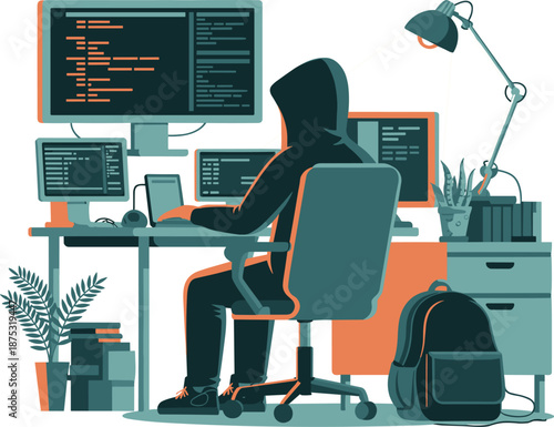 Anonymous hacker in hoodie working at desk with multiple computer monitors, cybersecurity and coding flat illustration