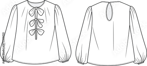 Girl’s blouse sketch, round neckline, puff sleeves, bow front placket, keyhole back, fashion design layout, flat vector illustration