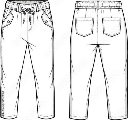 Technical pants sketch, front and back view, drawstring waist, flap pockets, relaxed fit, garment layout, flat vector illustration