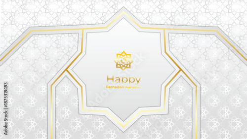 Ramadan Kareem White Luxury Islamic Background with Decorative Ornament Frame, Lantern and Pattern Islamic