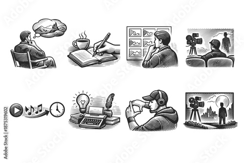 Collection of black and white vintage-style illustrations showing creative thinking, writing, planning, filming, music, and storytelling processes