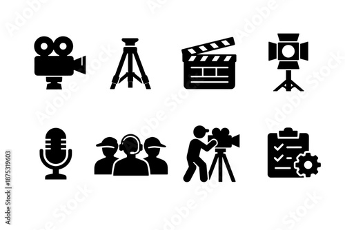 Black film production icons set featuring video camera, tripod, clapperboard, studio light, microphone, crew, cameraman, and checklist