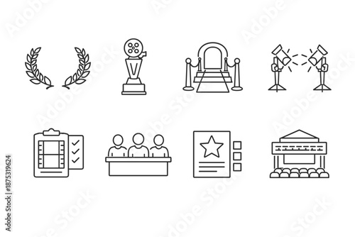 Outline icons set for awards ceremony and entertainment events featuring laurel wreath, trophy, red carpet, spotlights, checklist, audience, rating card, theatre