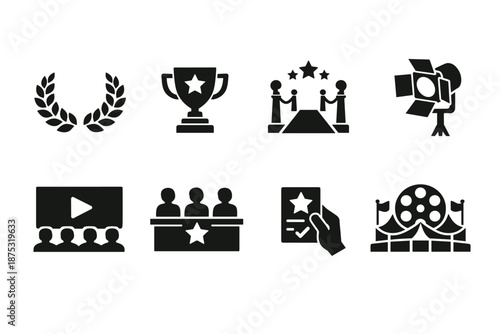 Set of black award and entertainment icons featuring laurel wreath, trophy cup, stage presenters, film camera, video screen, jury panel, ballot, and cinema marquee