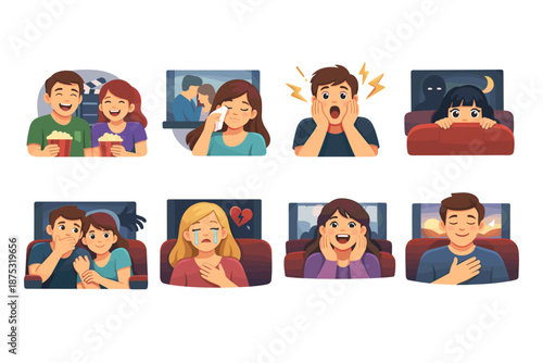 Set of cartoon people watching movies on a couch showing emotions like laughter, sadness, fear, surprise, romance, and relaxation at home