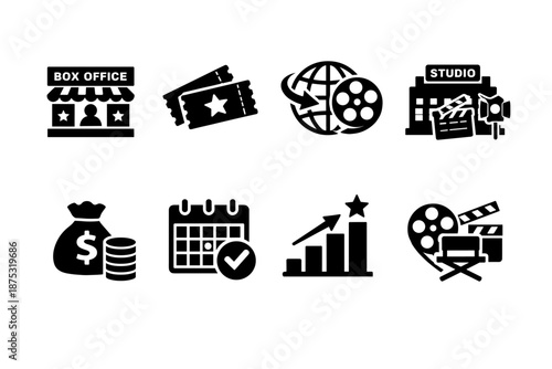 Minimal black film industry icons set showing box office, tickets, cinema globe, studio production, money bag, calendar schedule, growth chart, and clapperboard