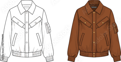 Women’s jacket sketch, button-down front, zippered pockets, elastic cuffs and hem, fashion design layout, flat vector illustration