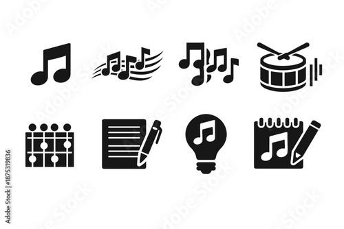 Set of black music icons including notes, drum, guitar chords, sheet and pencil, lightbulb melody, and notepad composition symbols on white background