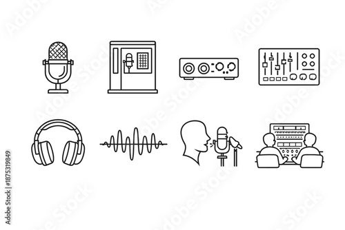 Minimal line icons of audio recording equipment including microphone, headphones, soundwave, studio booth, mixer, interface, and podcasting setup