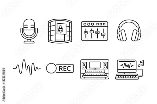 Minimal line icons set featuring microphone, soundproof studio booth, audio mixer, headphones, waveform, recording button, and laptops for editing