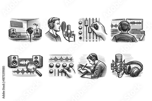 Audio production workflow set with microphone recording, studio monitors, mixing console controls, waveform editing, and headphones in a sound studio
