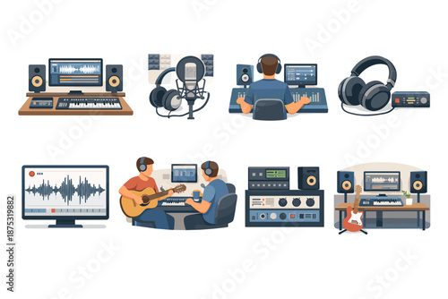 Collection of music recording studio illustrations showing microphones, headphones, mixers, speakers, waveform monitors, and musicians producing audio