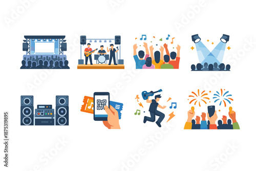 Flat illustration set of concert and festival elements with stage, live band, cheering crowd, lighting, speakers, ticketing smartphone, and fireworks