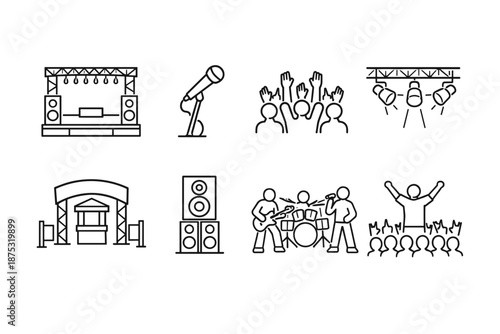 Minimal line icons of live music concert elements including stage, microphone, speakers, band performing, audience cheering, and lighting rig