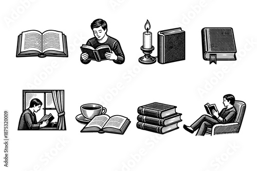 Vintage black and white reading and literature icons featuring books, readers, candlelight, coffee, and cozy indoor scenes in engraving style
