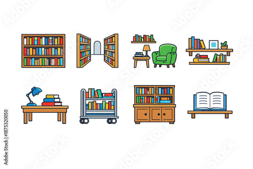Colorful library and reading room icon set featuring bookshelves, book cart, study desk with lamp, armchair, wall shelves, and open book