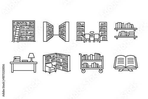 Minimal line art set of library and reading icons including bookshelves, study table, book cart, open book, and reading room furniture