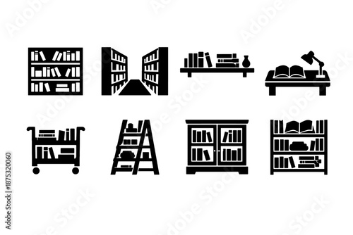 Set of black library and study icons featuring bookshelves, book cart, ladder, open book on desk, and reading room shelving silhouettes