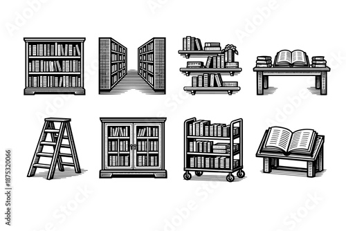 Vintage engraved library icons set with bookshelves, aisle perspective, reading table, step ladder, book cart, and open book stands