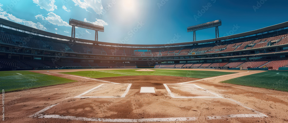 Fototapeta premium Empty baseball stadium under bright sunlight with green field and blue sky. Professional sports venue, calm atmosphere, symmetry, preparation and outdoor arena setting.