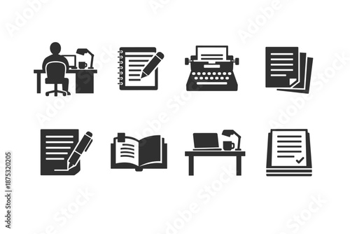 Black office and writing icons set showing desk work, notebooks, typewriter, documents, editing, and paperwork symbols in minimal silhouette style