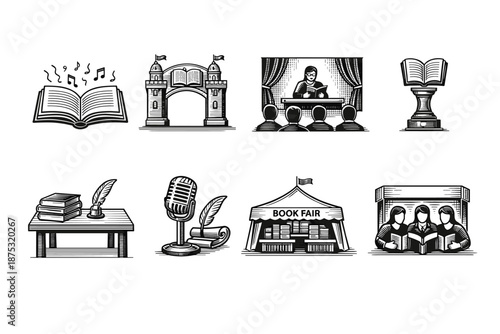 Monochrome vector set of reading, literature, and education icons featuring books, podium, lecture stage, microphone, writing desk, arch, and book fair