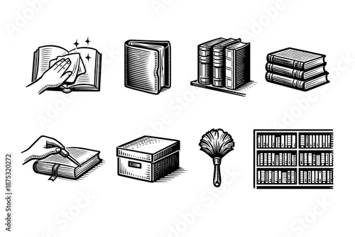 Vintage black and white line art icons of book cleaning, notebooks, stacked books, storage box, dusting brush, and bookshelf organization