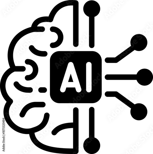 Artificial Intelligence and Circuit Icon. AI Brain, Microchip, Digital Technology Symbols. Cognitive augmentation brain icon with human and circuit hemispheres.