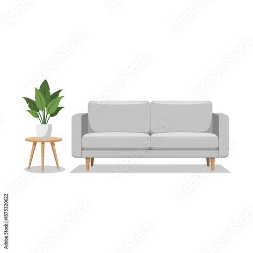 Modern Gray Sofa with Plant and Side Table, Minimalist Living Room Furniture