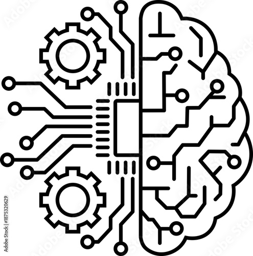 Artificial Intelligence and Circuit Icon. AI Brain, Microchip, Digital Technology Symbols. Cognitive augmentation brain icon with human and circuit hemispheres.