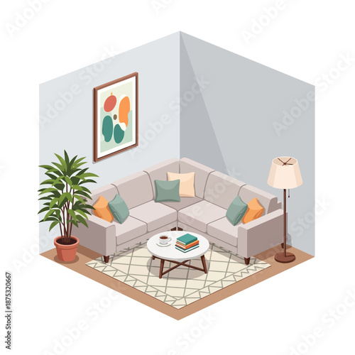 Cozy Sectional Sofa in Modern Living Room with Art and Plant, Isometric View