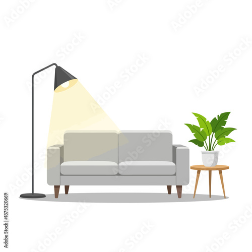 Cozy Living Room Scene: Sofa, Floor Lamp, and Potted Plant on Table
