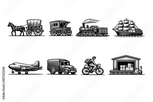Monochrome vector set of vintage transportation and delivery icons featuring wagons, steam train, sailing ship, airplane, truck, bicycle courier, and warehouse