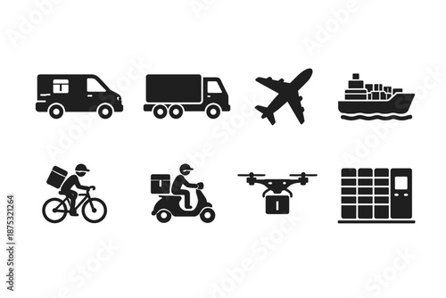 Black logistics and delivery icons showing van, truck, airplane, cargo ship, bicycle courier, scooter courier, drone transport, and parcel lockers