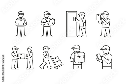 Line icon set of delivery workers handling parcels, checking clipboard, ringing doorbell, scanning orders, pushing hand truck, and receiving package