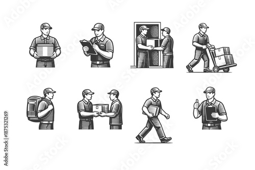 Set of black and white delivery worker illustrations showing parcel handling, clipboard checking, box handoff, walking, and dolly transport