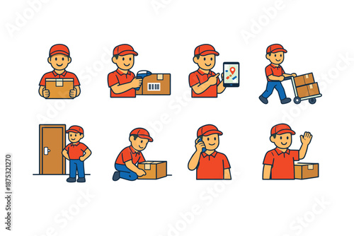 Courier delivery worker character set showing package handling, barcode scanning, mobile tracking, cart transport, doorstep arrival, and customer support