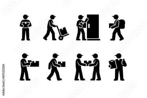 Black silhouette icons of delivery workers handling packages, using hand truck, receiving parcel at door, and exchanging boxes in logistics workflow