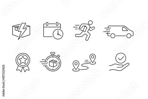 Minimal line icons set illustrating fast delivery logistics, shipping speed, tracking locations, schedule, vehicle transport, quality badge and assurance