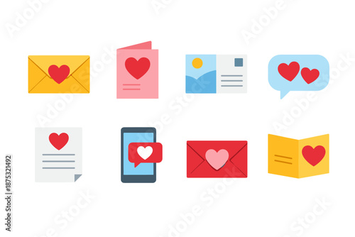 Colorful icons of love messages with envelopes, greeting cards, smartphone notification, and chat bubble hearts for romantic communication design
