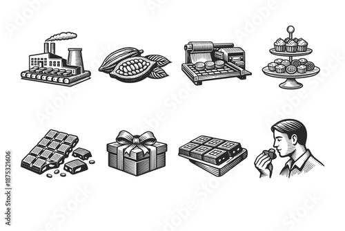 Vintage engraved set of chocolate production and confectionery icons featuring factory, cocoa pods, wrapping machine, gift box, bars, and tasting