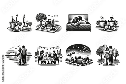 Romantic date moments illustration set featuring couples at picnic, dinner, stargazing, cozy bed, sunset walk, coffee, and candlelight