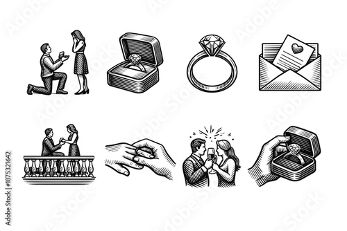 Vintage hand-drawn engagement and wedding proposal set showing ring, ring box, couple scenes, hands placing ring, and love letter envelope icons