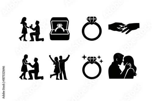 Black silhouette wedding and engagement icons set showing proposal, ring box, diamond ring, hands exchange, celebrating couple, and kissing lovers