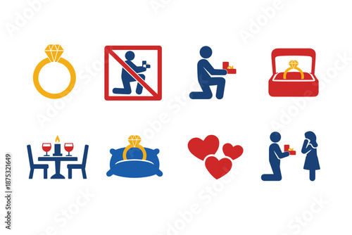 Engagement and marriage icons showing diamond rings, proposal kneeling, open ring box, romantic hearts, dinner date, and a no-selfie sign on white background