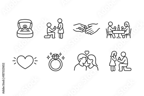 Minimal line icon set of engagement and romance symbols including ring box, proposal, handshake, dinner date, heart, diamond ring, and couple