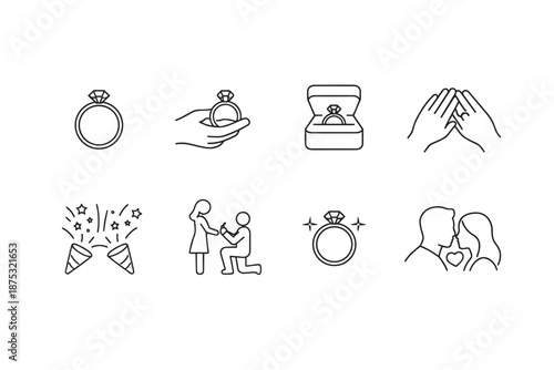 Minimal line icon set showing wedding proposal, engagement ring, ring box, celebration confetti, couple love, and hands gesture on white background