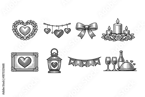 Hand-drawn romantic decoration set with hearts, wreath, garland, bow, candles, lantern, bunting, framed heart, and dinner table elements
